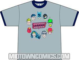 JLA Justice Heads Circle Ringer T-Shirt Large