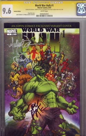 World War Hulk #1 Cover I Variant Michael Turner Cover Signed By Michael Turner Peter Steigerwald & Greg Pak CGC 9.6