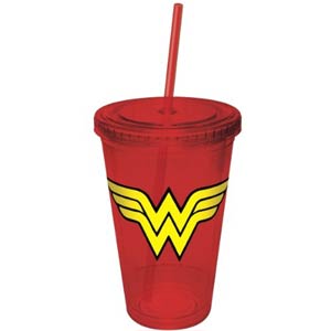 DC Comics Wonder Woman Insignia Colored Travel Cup With Straw (Red)
