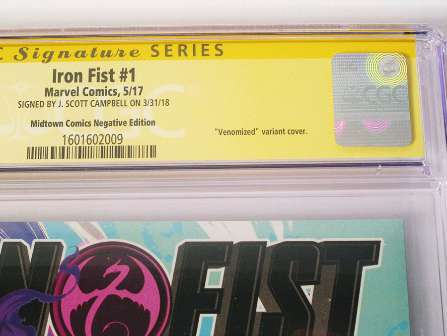 Iron Fist Vol 5 #1  Midtown Exclusive J Scott Campbell Anti-Venomized Negative Colors Variant Cover Signed By J Scott Campbell CGC 9.8