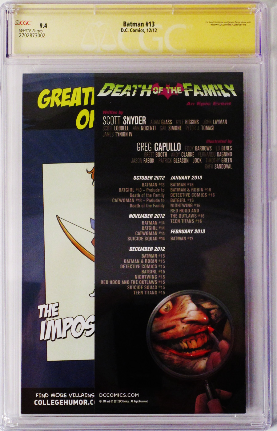 Batman Vol 2 #13 Cover J 1st Ptg Regular Greg Capullo Cover (Death Of The Family Tie-In) Signed By Scott Snyder and Greg Capullo CGC 9.4