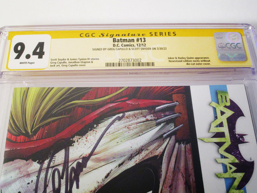 Batman Vol 2 #13 Cover J 1st Ptg Regular Greg Capullo Cover (Death Of The Family Tie-In) Signed By Scott Snyder and Greg Capullo CGC 9.4