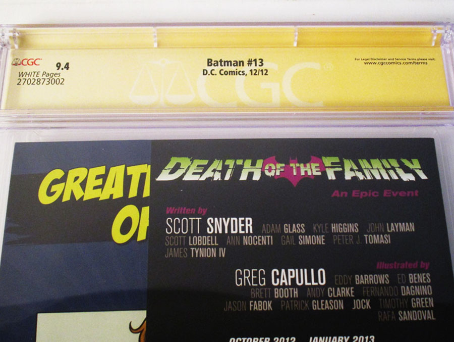 Batman Vol 2 #13 Cover J 1st Ptg Regular Greg Capullo Cover (Death Of The Family Tie-In) Signed By Scott Snyder and Greg Capullo CGC 9.4