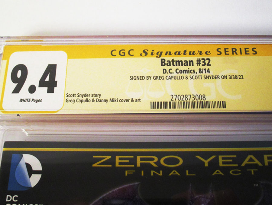 Batman Vol 2 #32 Cover F Regular Greg Capullo Cover (Zero Year Tie-In) Signed By Scott Snyder and Greg Capullo CGC 9.4