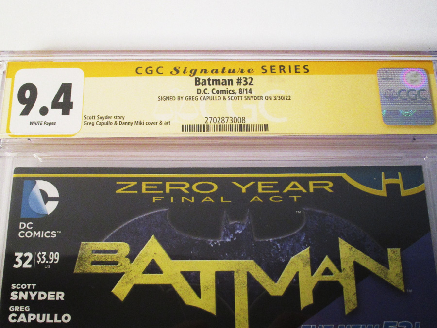 Batman Vol 2 #32 Cover F Regular Greg Capullo Cover (Zero Year Tie-In) Signed By Scott Snyder and Greg Capullo CGC 9.4