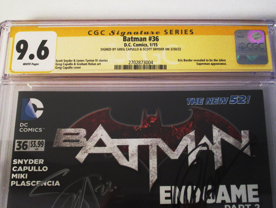 Batman Vol 2 #36 Cover H Regular Greg Capullo Cover Signed By Scott Snyder and Greg Capullo CGC 9.6