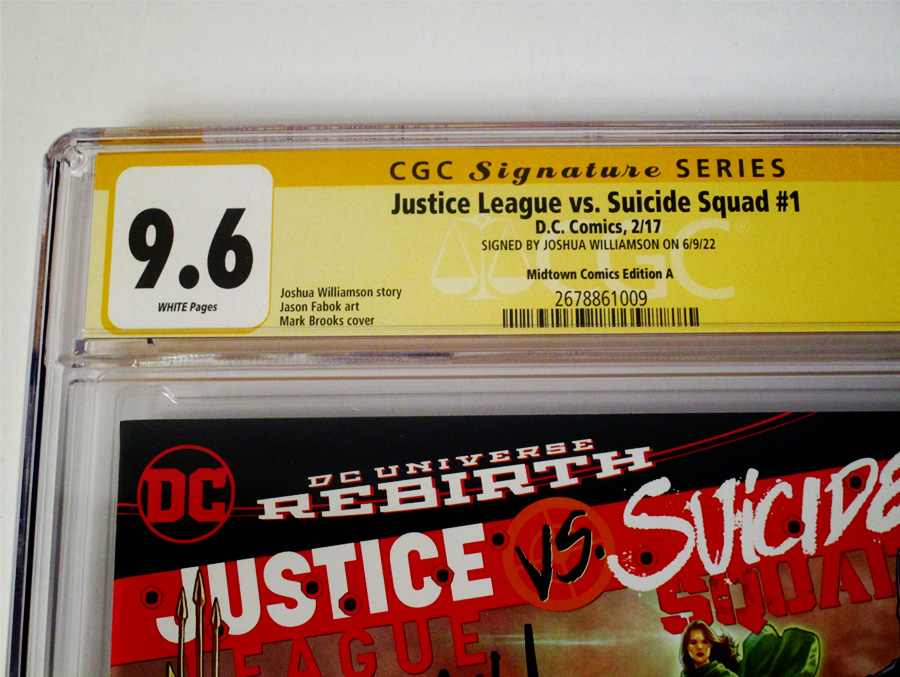 Justice League vs Suicide Squad #1 Cover R Midtown Exclusive Mark Brooks Connecting Variant Part 1 Cover Signed By Joshua Williamson CGC 9.6