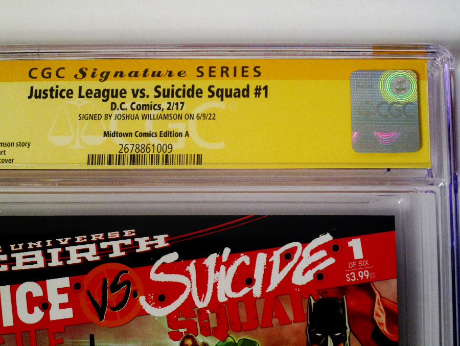 Justice League vs Suicide Squad #1 Cover R Midtown Exclusive Mark Brooks Connecting Variant Part 1 Cover Signed By Joshua Williamson CGC 9.6