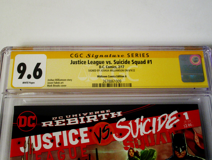 Justice League vs Suicide Squad #1 Cover R Midtown Exclusive Mark Brooks Connecting Variant Part 1 Cover Signed By Joshua Williamson CGC 9.6
