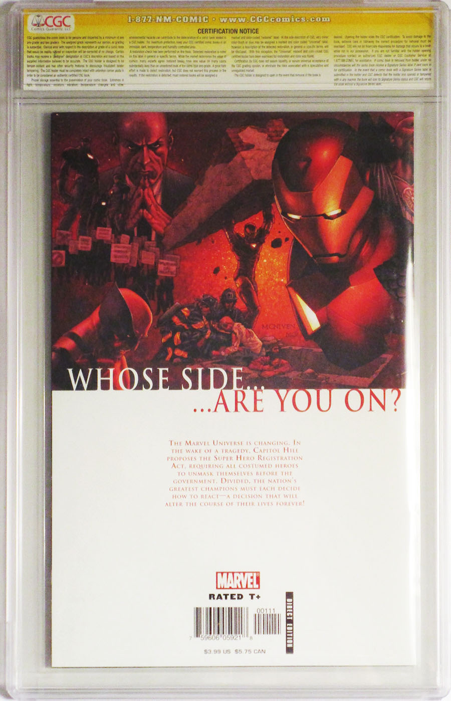 Civil War #1 Cover K 1st Ptg Regular Cover CGC Signature Series 9.8 Signed by Steve McNiven 