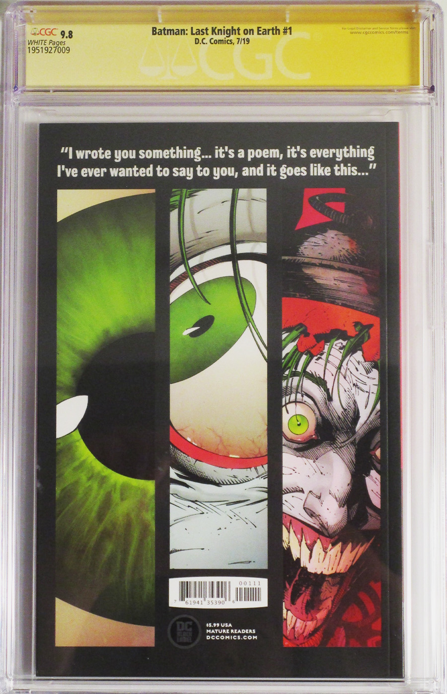 Batman Last Knight On Earth #1 Cover F 1st Ptg Regular Greg Capullo Cover CGC Signature Series 9.8 Signed by Greg Capullo and Scott Snyder