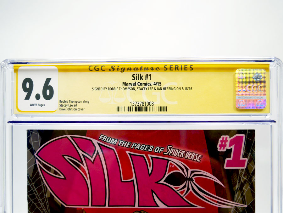 Silk #1 Cover E 1st Ptg Regular Dave Johnson Cover Signed By Robbie Thompson Stacey Lee And Ian Herring CGC Signature Series 9.6