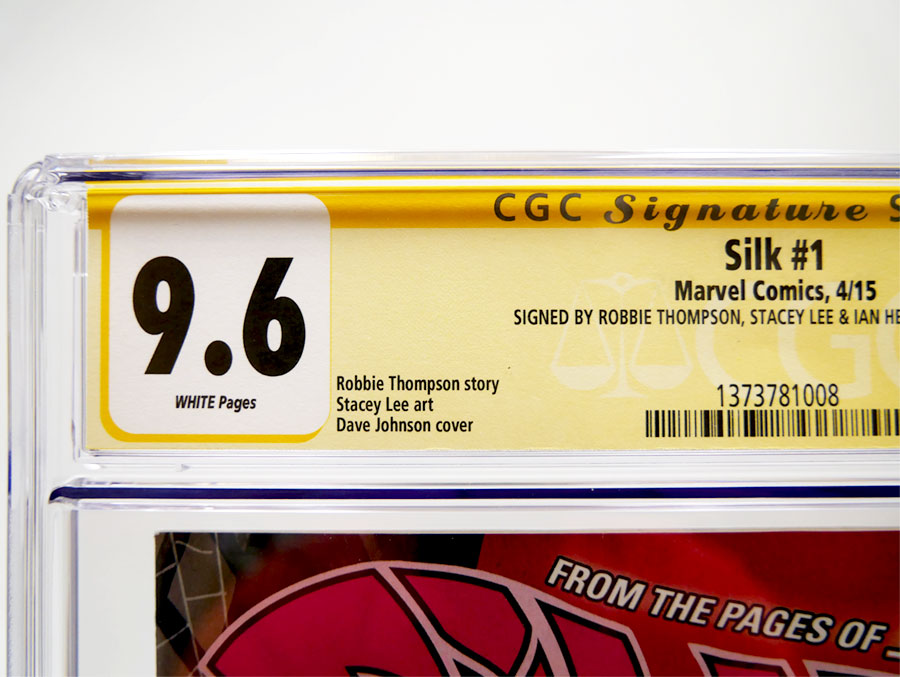 Silk #1 Cover E 1st Ptg Regular Dave Johnson Cover Signed By Robbie Thompson Stacey Lee And Ian Herring CGC Signature Series 9.6