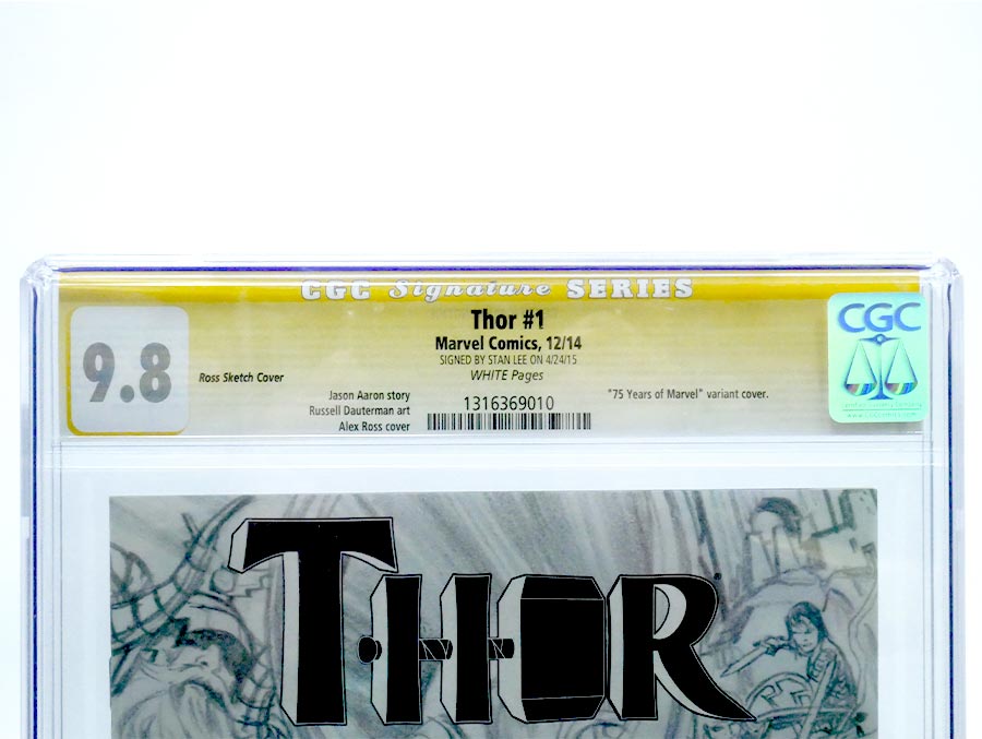 Thor Vol 4 #1 Cover T Incentive Alex Ross 75th Anniversary Sketch Variant Cover CGC Signature Series 9.8 Signed By Stan Lee