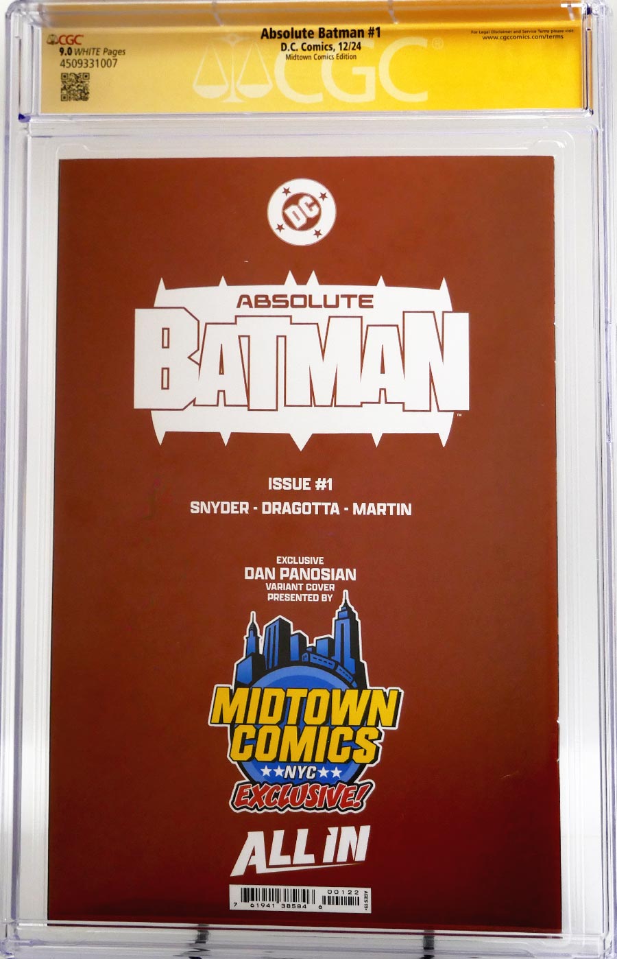 Absolute Batman #1 Cover Z-Y Midtown Exclusive Dan Panosian Connecting Cover CGC Signature Series 9.0 Signed By Scott Snyder & Nick Dragotta