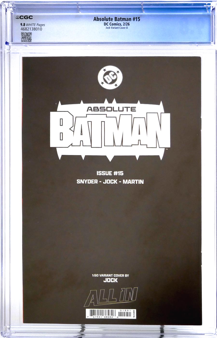Absolute Batman #15 Cover V Incentive Jock Virgin Card Stock Variant Cover CGC 9.8 (DC All In)