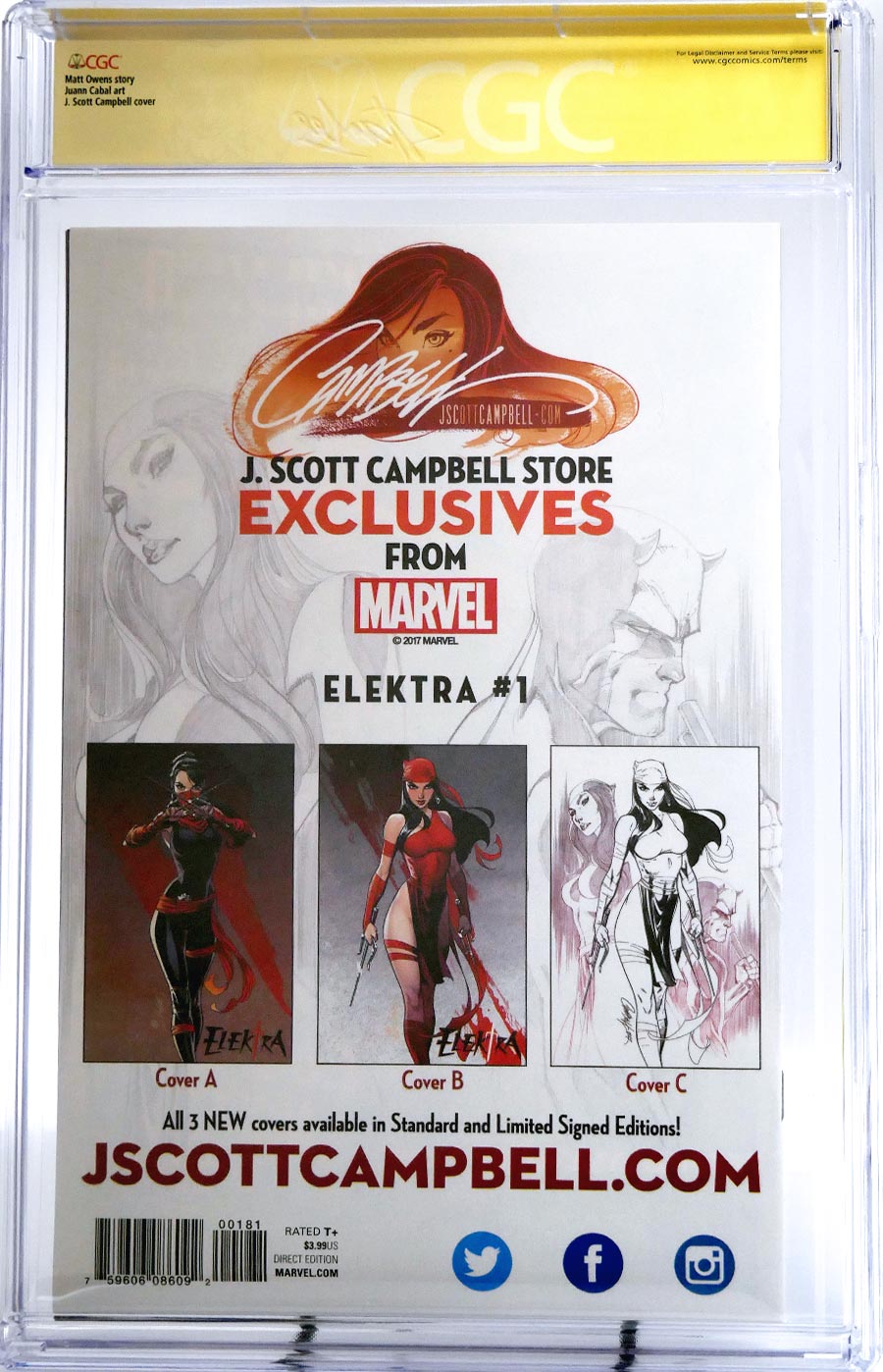 Elektra Vol 4 #1 Cover H Variant J Scott Campbell Cover B CGC Signature Series 9.8 Signed By J Scott Campbell & Stan Lee
