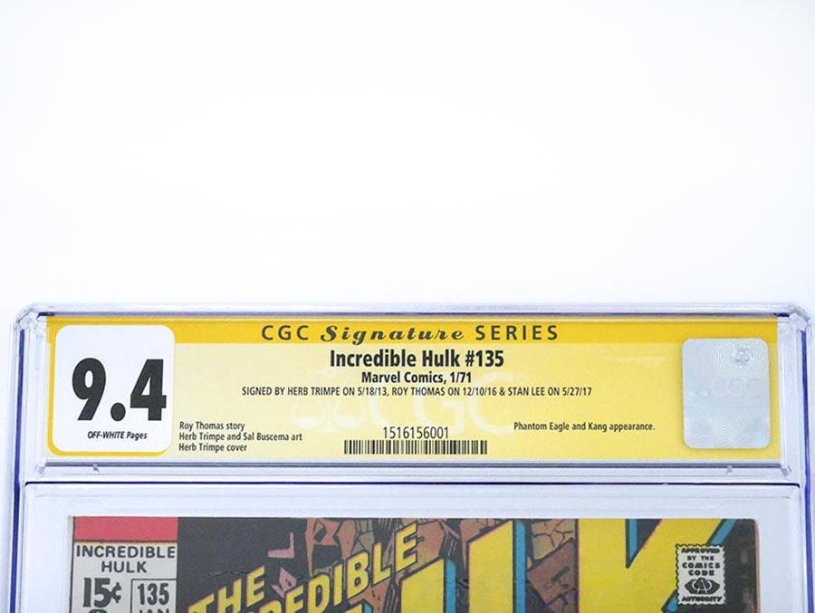 Incredible Hulk #135 Cover B CGC Signature Series 9.4 Signed By Stan Lee Roy Thomas Herb Trimpe
