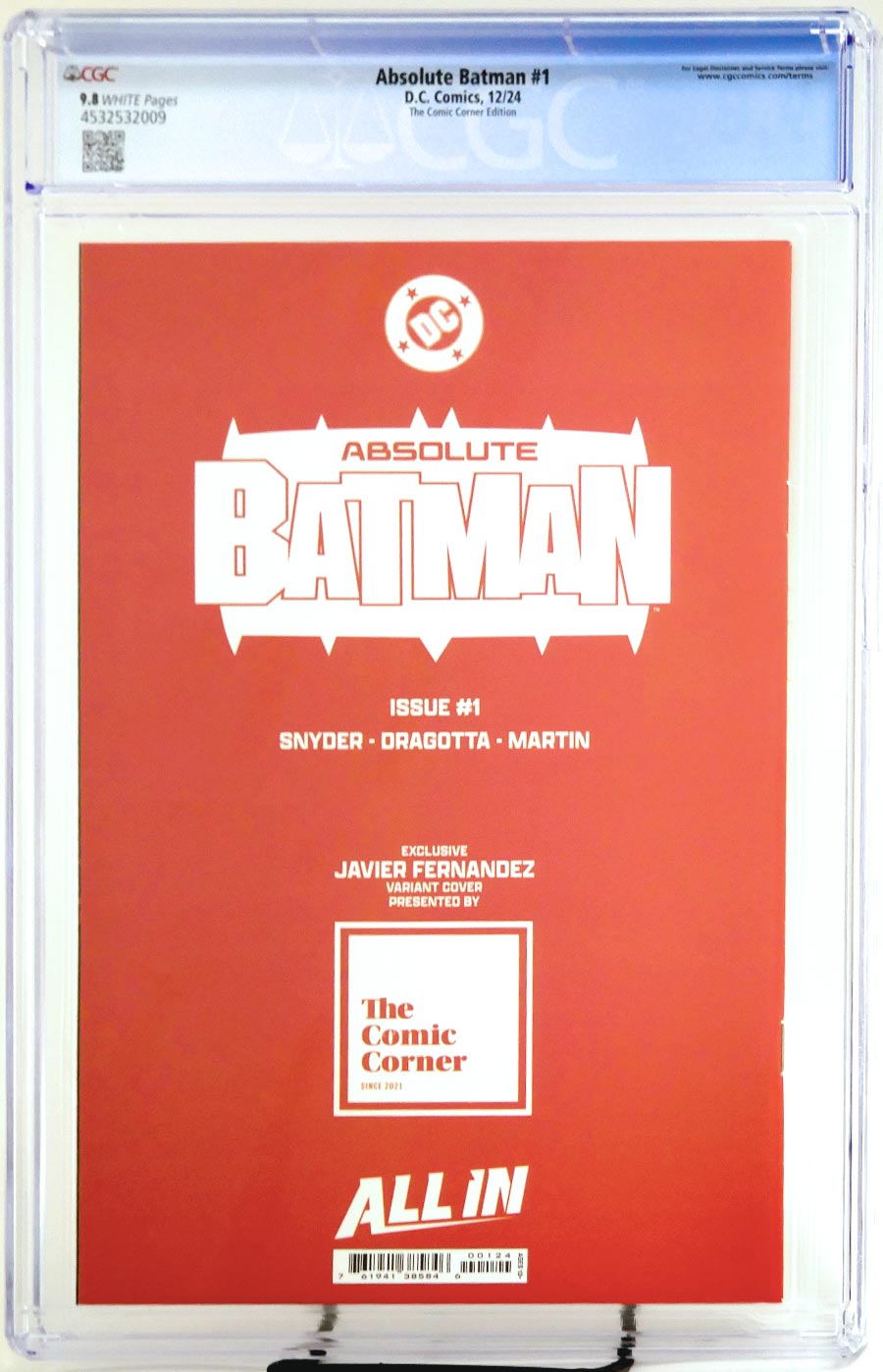 Absolute Batman #1 Cover Z-Z-D Javier Fernandez Variant Cover CGC 9.8 (DC All In)