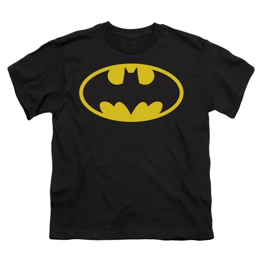 Batman Symbol Yellow Oval On Black Youth T-Shirt Large