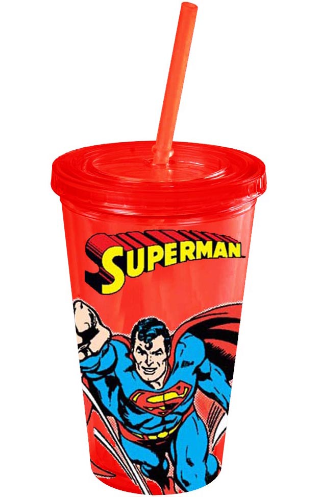 DC Comics 16-ounce Plastic Cold Cup With Lid & Straw - Superman Flying