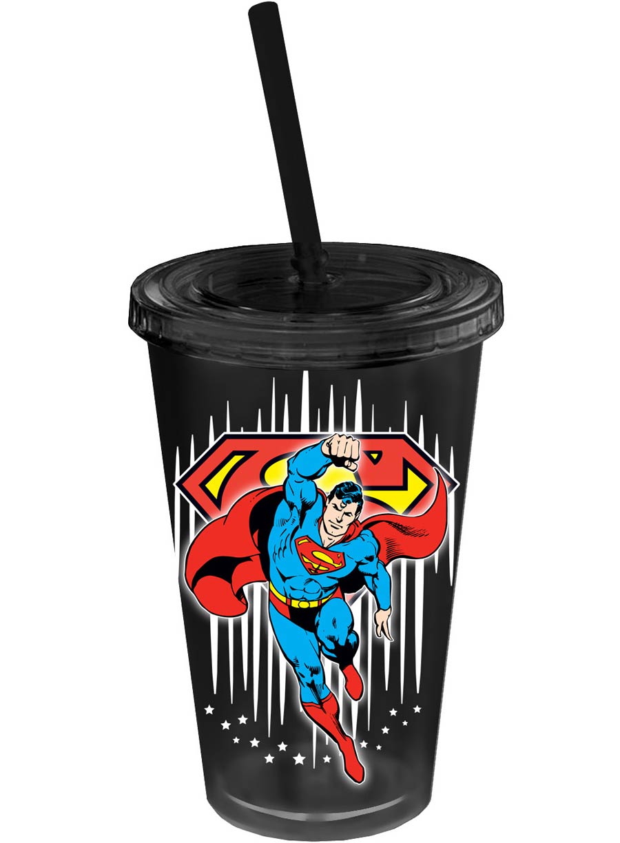 DC Comics 16-ounce Plastic Cold Cup With Lid & Straw - Superman & Stars Black