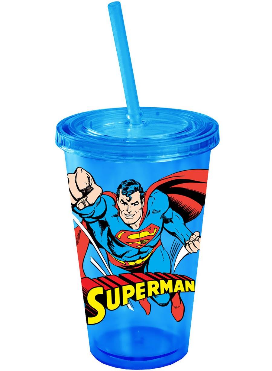 DC Comics 16-ounce Plastic Cold Cup With Lid & Straw - Superman Flying Over Logo Blue