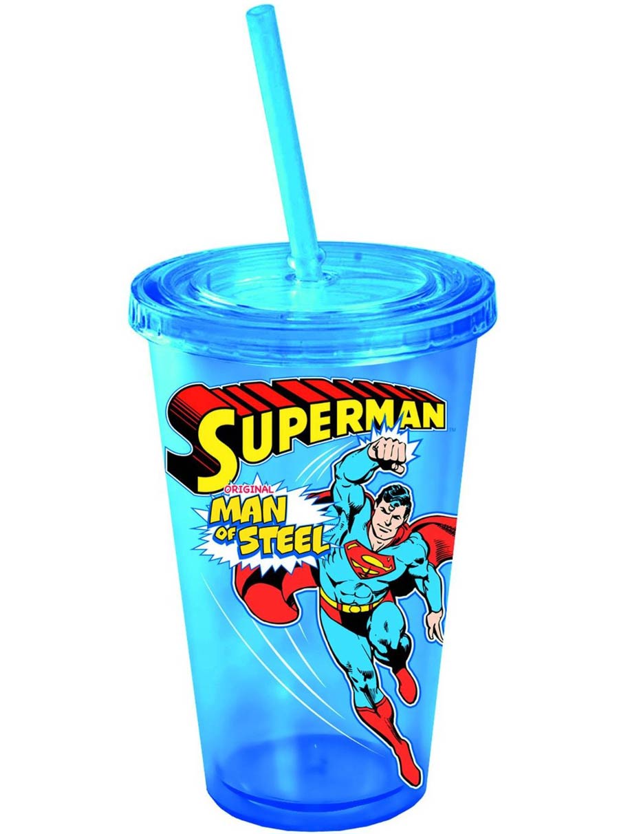 DC Comics 16-ounce Plastic Cold Cup With Lid & Straw - Superman Man Of Steel Blue