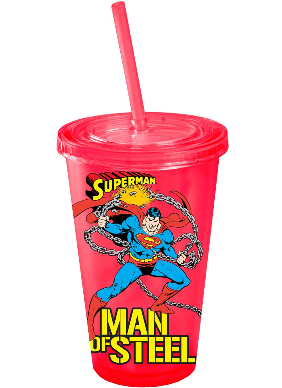 DC Comics 16-ounce Plastic Cold Cup With Lid & Straw - Superman Man Of Steel Red