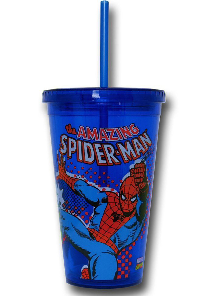Marvel Comics 16-ounce Plastic Cold Cup With Lid & Straw - Amazing Spider-Man Action Character With Logo Blue