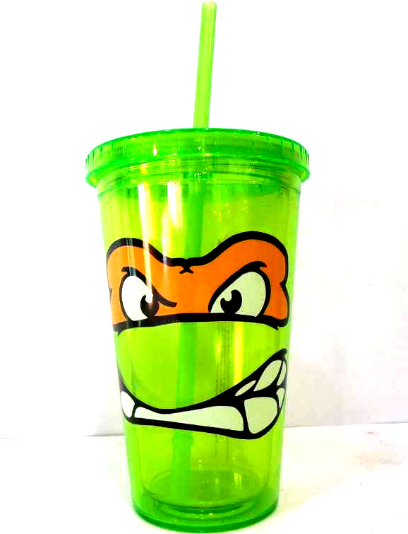 Teenage Mutant Ninja Turtles TMNT 16-ounce Plastic Cold Cup With Lid & Straw - Michelangelo Orange Mask Growl