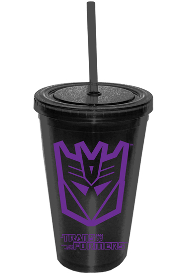Transformers 16-ounce Plastic Cold Cup With Lid & Straw - Decepticon Symbol Purple On Black