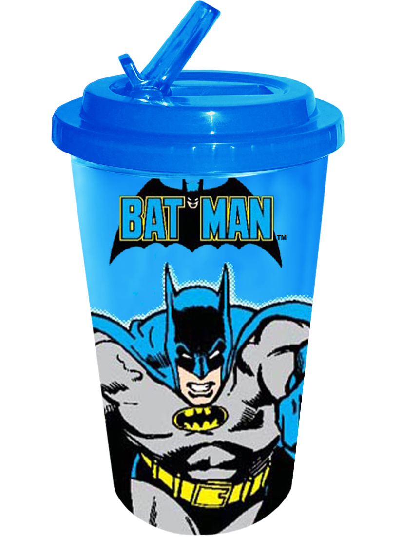 DC Comics 16-ounce Plastic Flip Straw Cold Cup - Batman Action Character With Logo Blue