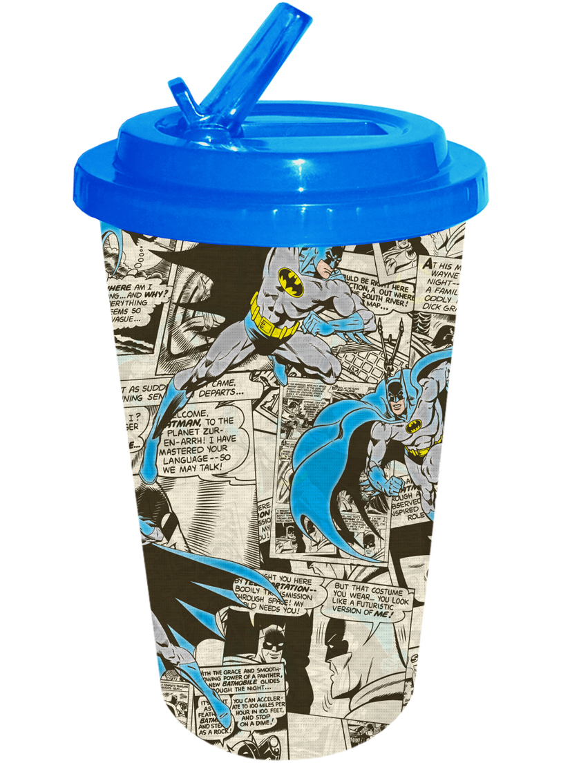 DC Comics 16-ounce Plastic Flip Straw Cold Cup - Batman Comic Book Pages