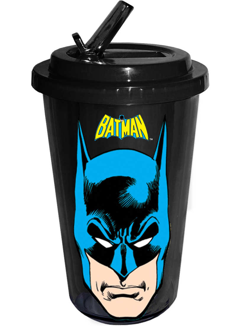 DC Comics 16-ounce Plastic Flip Straw Cold Cup - Batman Face With Logo Black