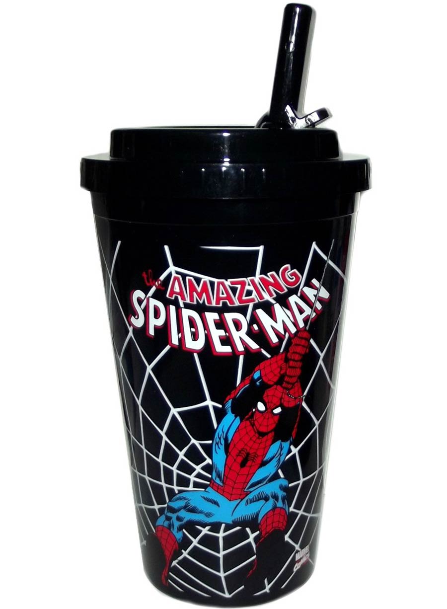 Marvel Comics 16-ounce Plastic Flip Straw Cold Cup - Amazing Spider-Man Swings With Logo Black