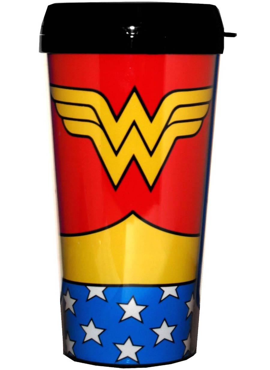 DC Comics 16-ounce Plastic Travel Mug - Wonder Women Uniform Glitter