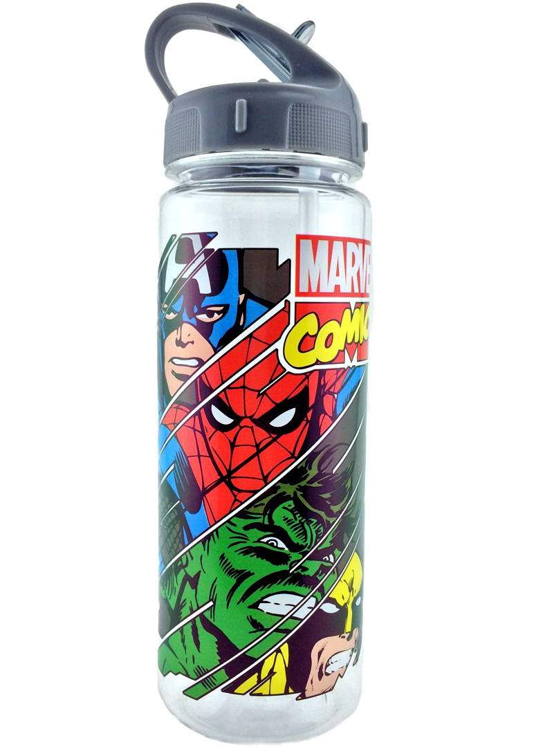Marvel Comics 20-ounce (600 ml) Tritan Water Bottle - Captain America Spider-Man Hulk Wolverine Slashed
