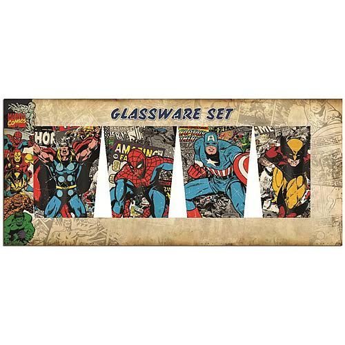 Marvel Comics 4-Piece 16-ounce Pub Set Glass Full Wrap - Thor Spider-Man Captain America Wolverine Action Poses