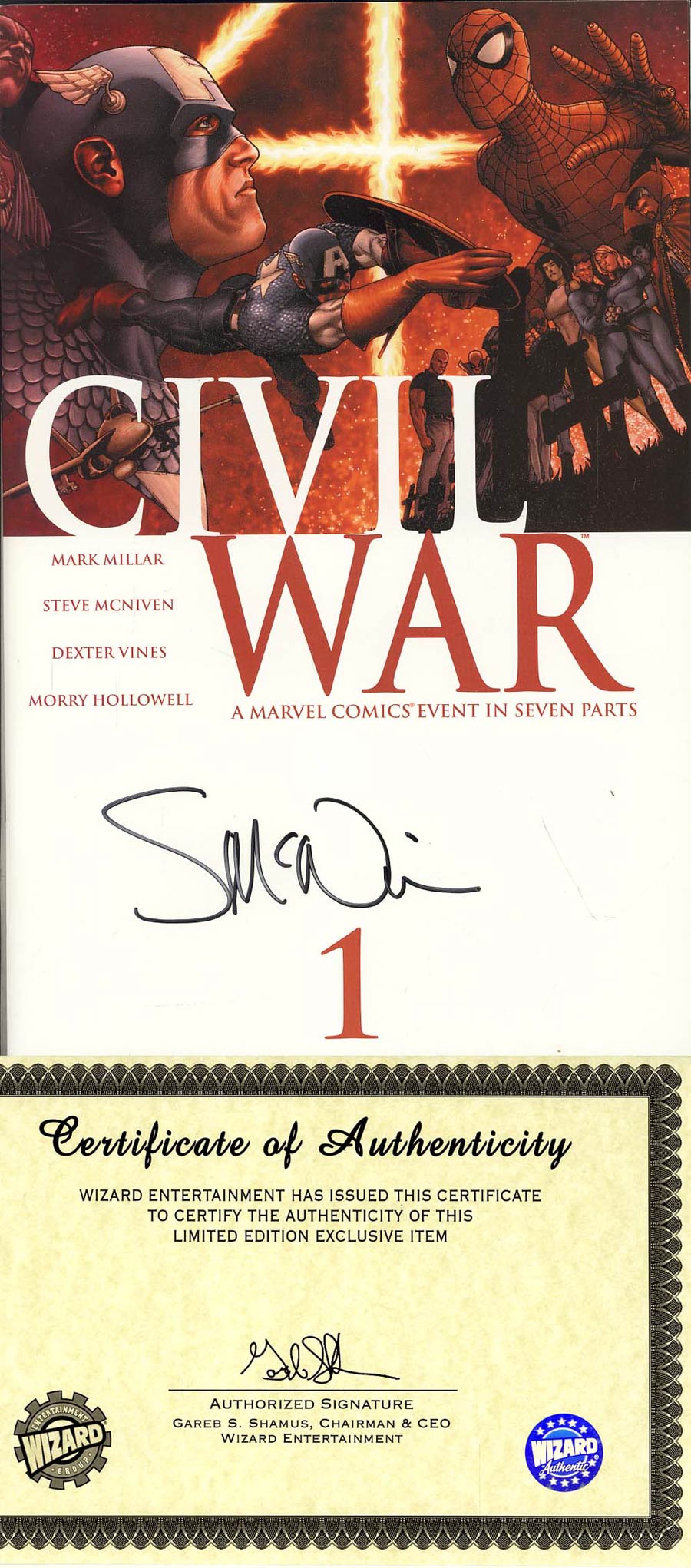 Civil War #1 Cover G Signed Steve McNiven Wizard With Certificate