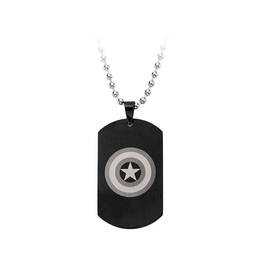Marvel Comics Black Stainless Steel Dog Tag Pendant - Captain America Silver Logo With Ball Chain