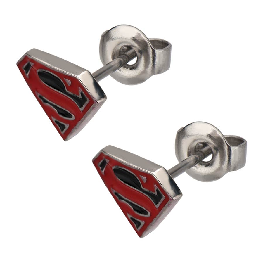 DC Comics Stainless Steel Post Stud Earrings - Superman Red And Black Diamond Logo