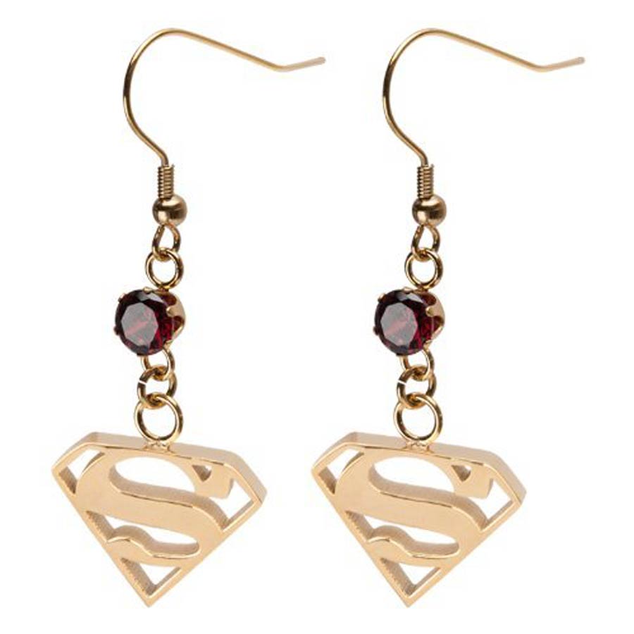 DC Comics Stainless Steel Dangle Earrings - Superman Gold Plated Cut Out Logo With Gem Accent