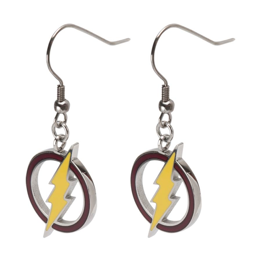 DC Comics Stainless Steel Dangle Earrings - Flash Red And Yellow Cut Out Logo