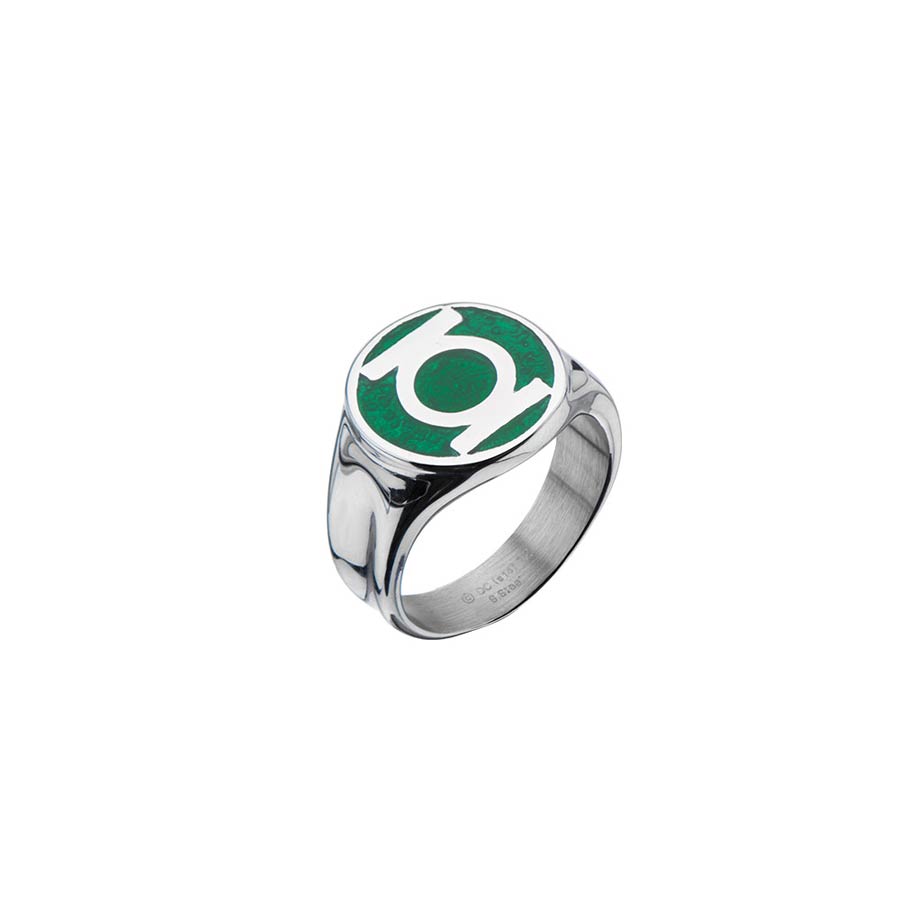 DC Comics Stainless Steel And Enamel Inlay Signet Ring - Green Lantern Green Logo Size 8