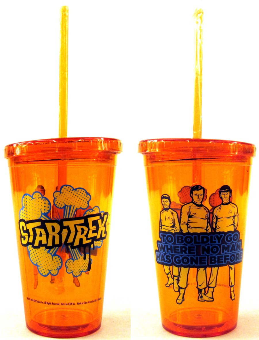 Star Trek Orange Colored Cup With Straw Boldly Go