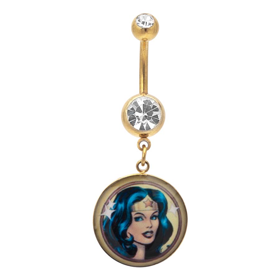 DC Comics Gold Plated Press Fit Belly Ring - Wonder Woman Dangle Face With Gem Accent