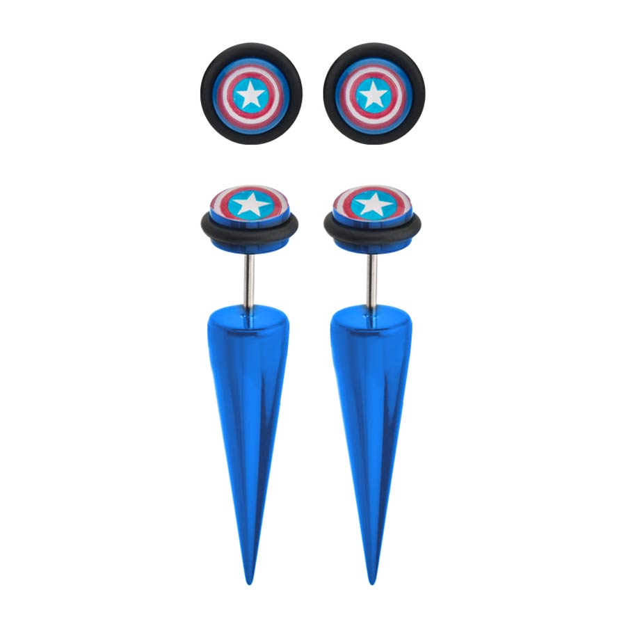 Marvel Comics Blue Acrylic Faux Tapers - Captain America Logo 18G
