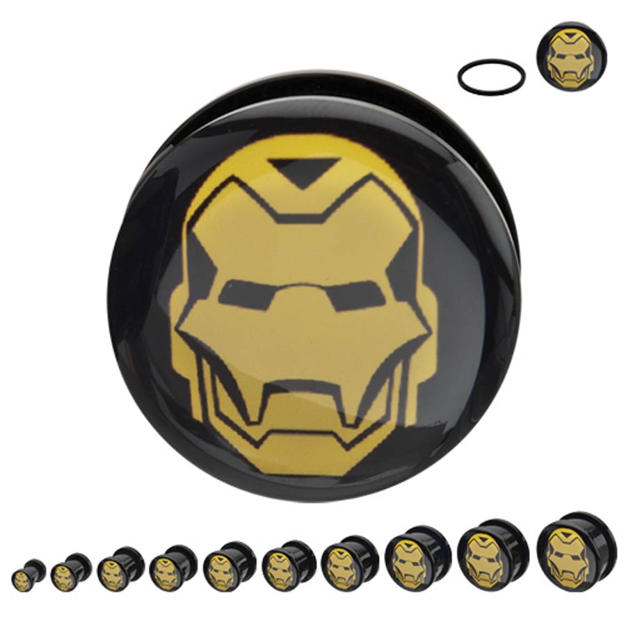 Marvel Comics Black Acrylic Screw Fit Plugs - Iron Man Helmet 2G