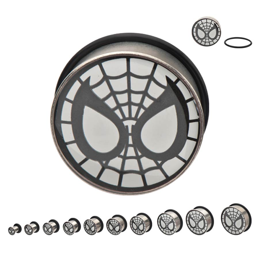 Marvel Comics Stainless Steel Single Flare Plugs - Spider-Man Grey Face 00G